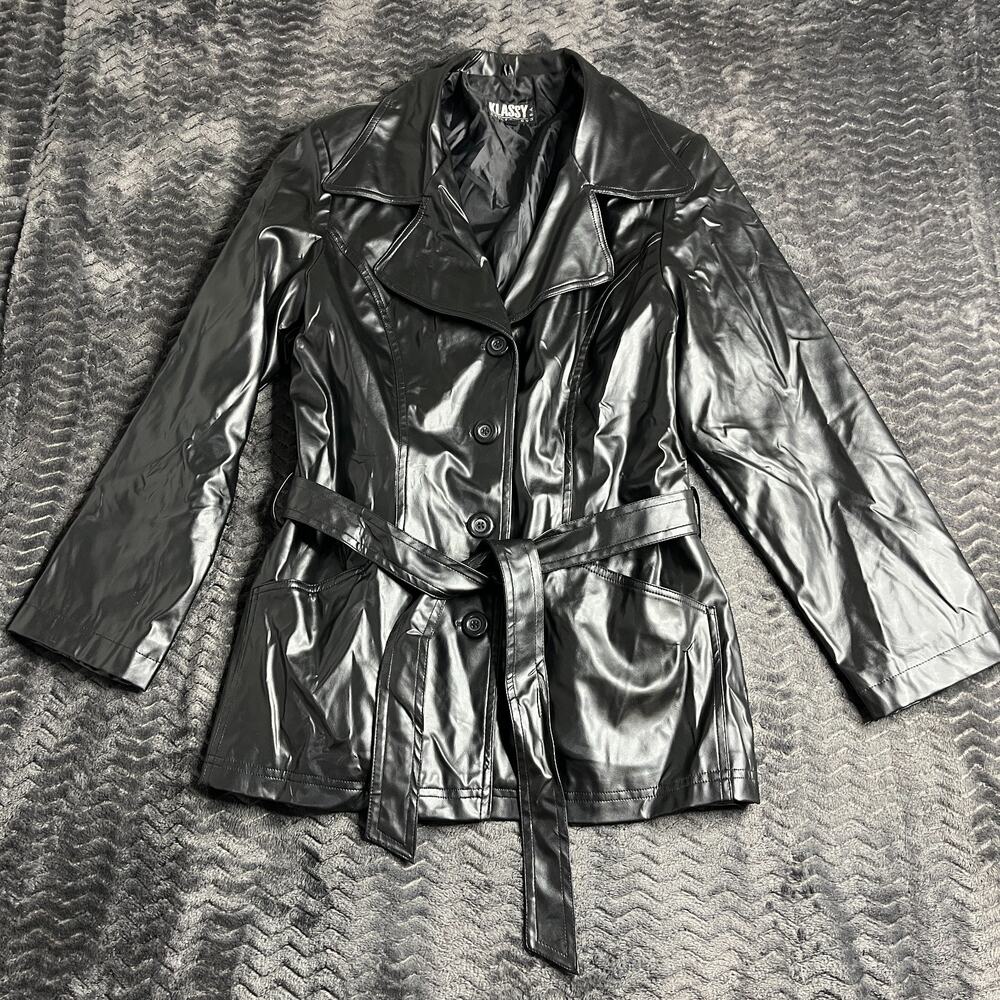 Klassy Black Vinyl Trench Coat black size M